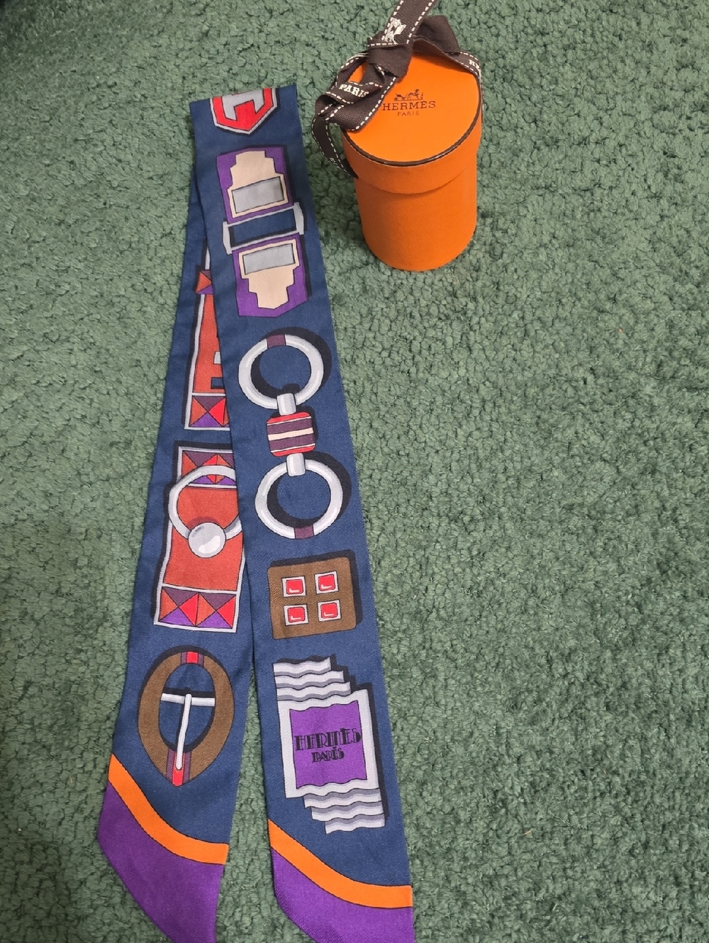 Hermes Blue Purple Orange Printed Silk Twilly